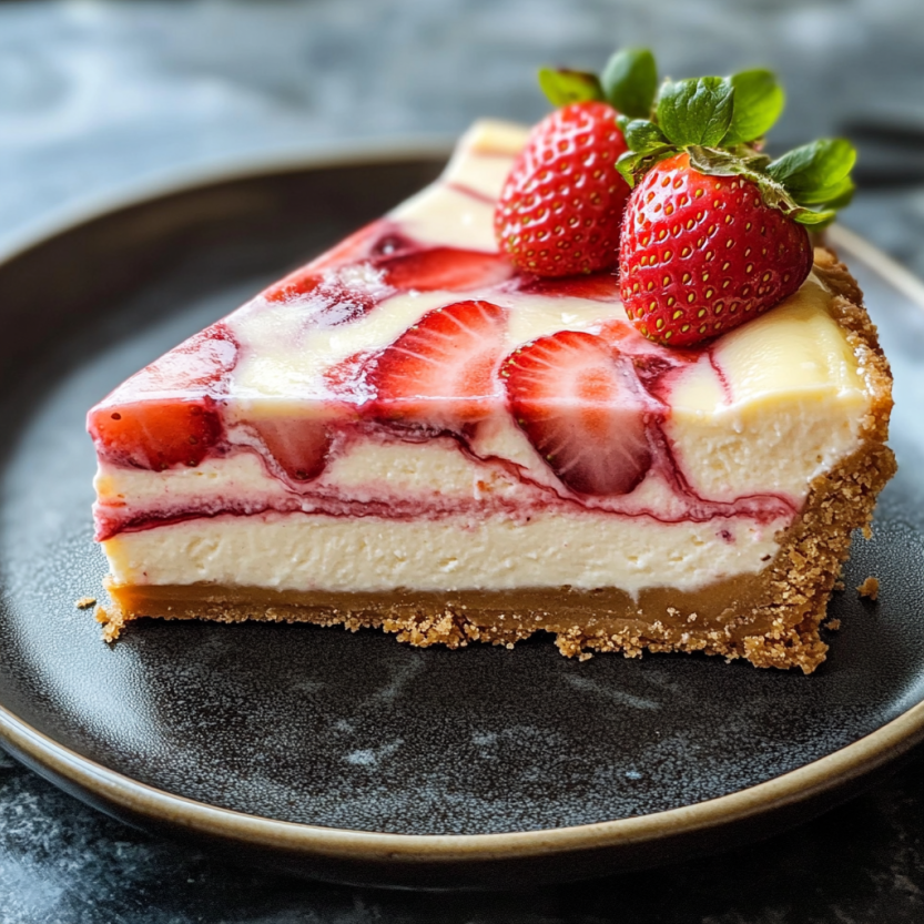 Une tranche de gâteau à la fraise sur un plateau.