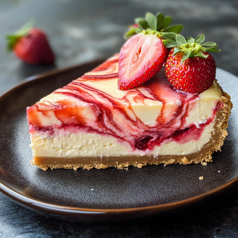 Une slice de cheesecake avec des strawberries sur le dessus.