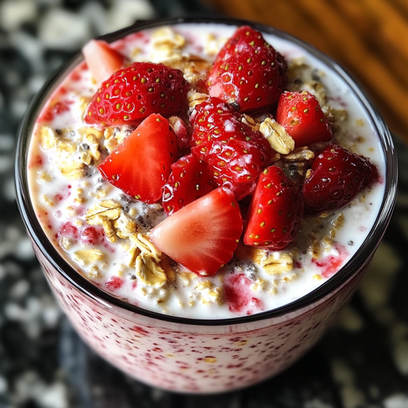 Une tasse de crêpes de fruits avec des fraises et des granola.