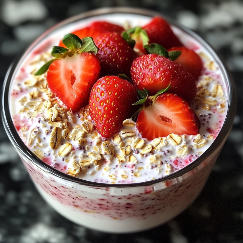 Une tasse de crème de fraises avec des fraises sur le dessus.