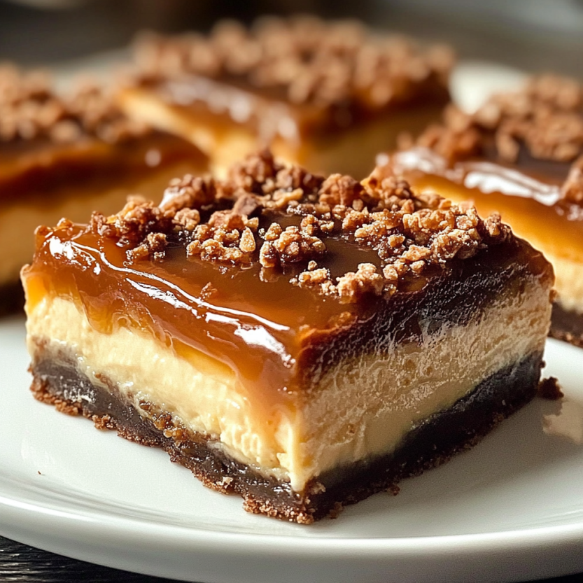Des barres de cheesecake caramélisées sur une plaque en plastique.