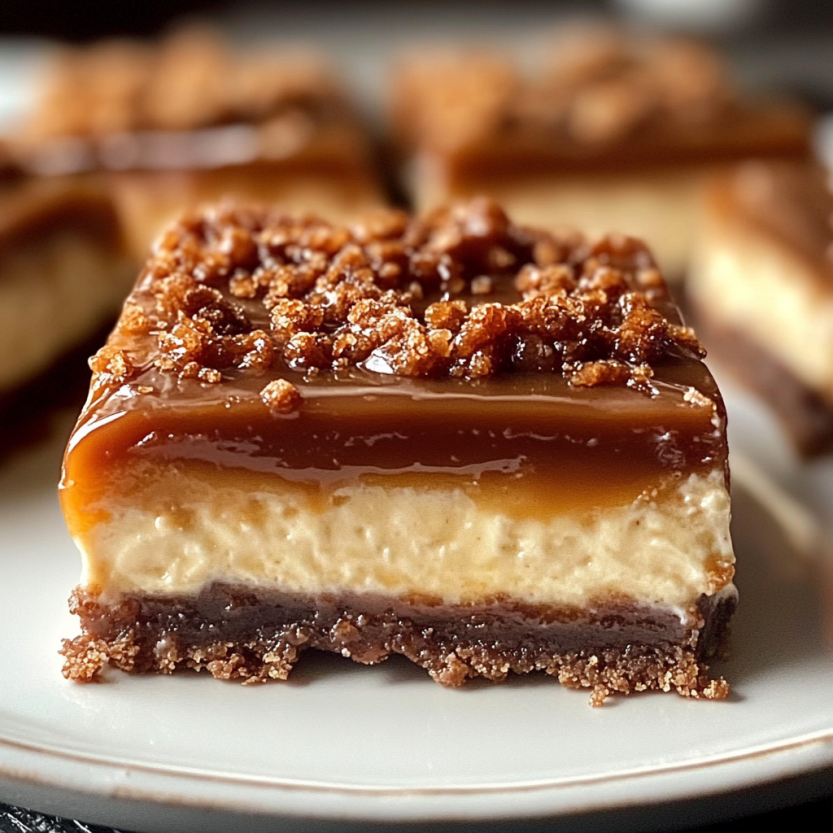 Des barres de cheesecake caramélisées sur une plaque.
