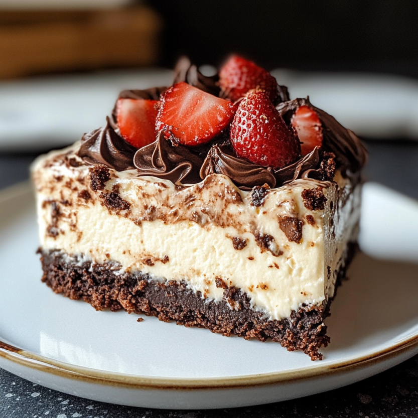 Une délicieuse tarte au chocolat avec des fraises sur un plateau.