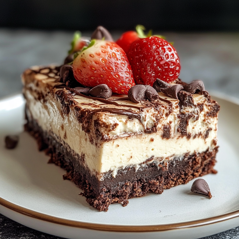 Une portion de dessert chocolat avec des fraises sur une assiette.