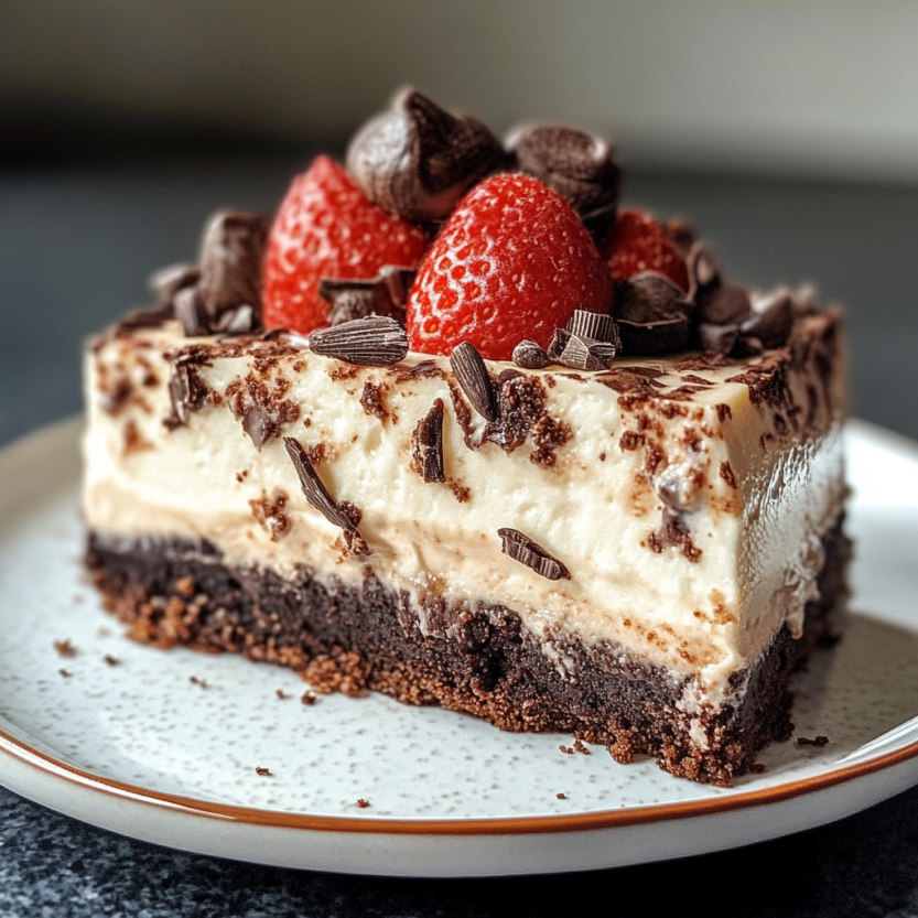 Une décadente tarte au chocolat et à la crème, garnie de fraises, de chocolat et de crème fouettée.