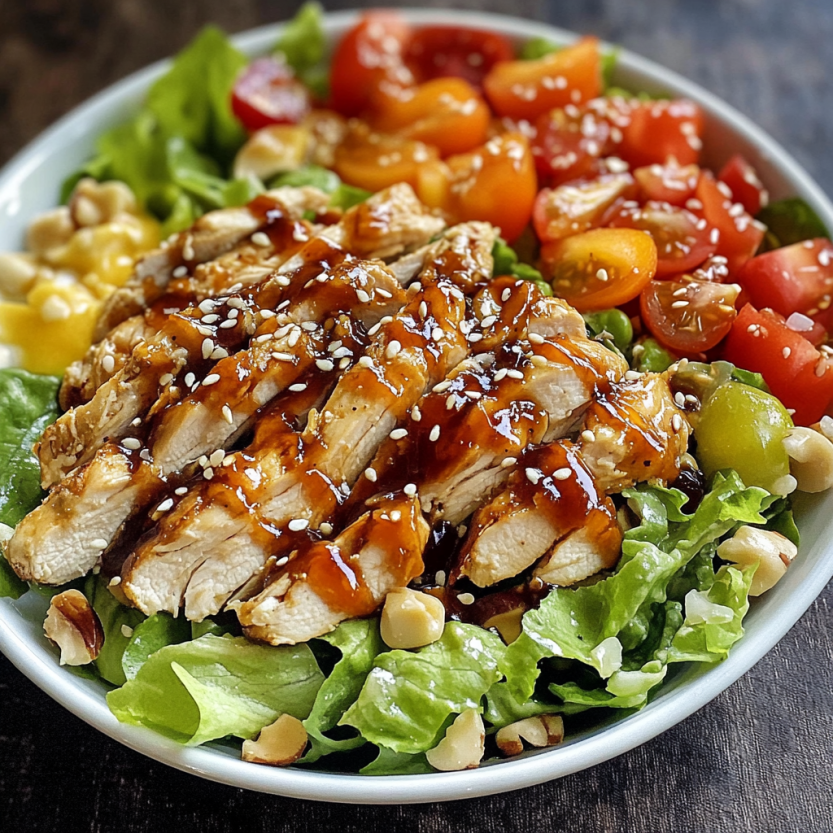 Une salade de poulet teriyaki avec des tomates, des cornichons, des noix et des épinards.