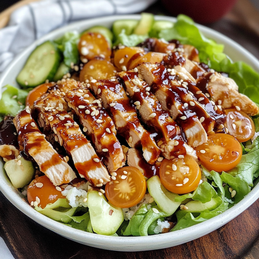 Une salade de poulet teriyaki avec des tomates, des cucumbers et des herbes.