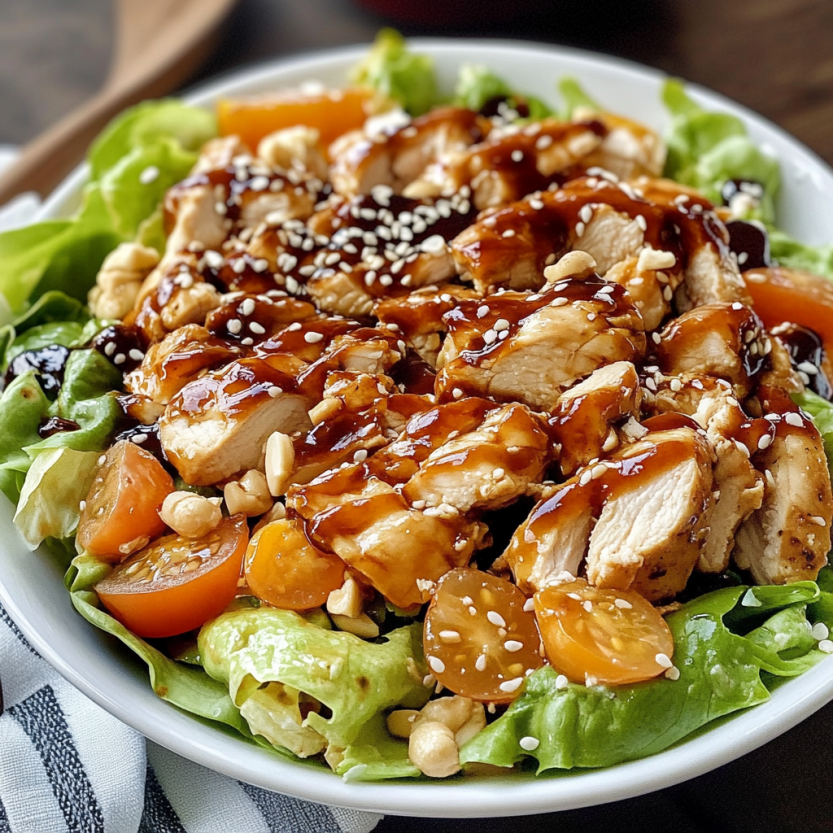 Une salade de poulet teriyaki avec des légumes.