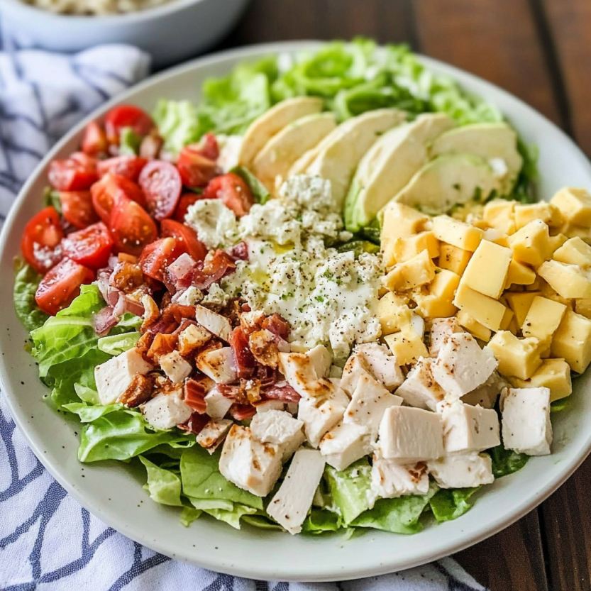 Une salade de poulet, bacon, tomates, avocats et fromage.