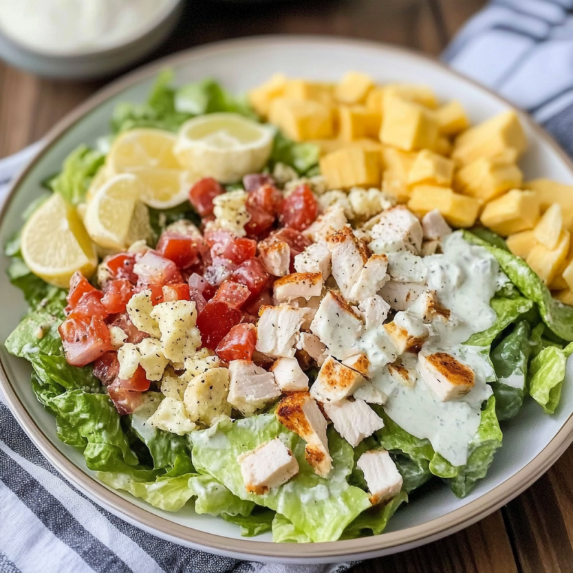 Une salade de poulet et de tomates servie sur un plateau.