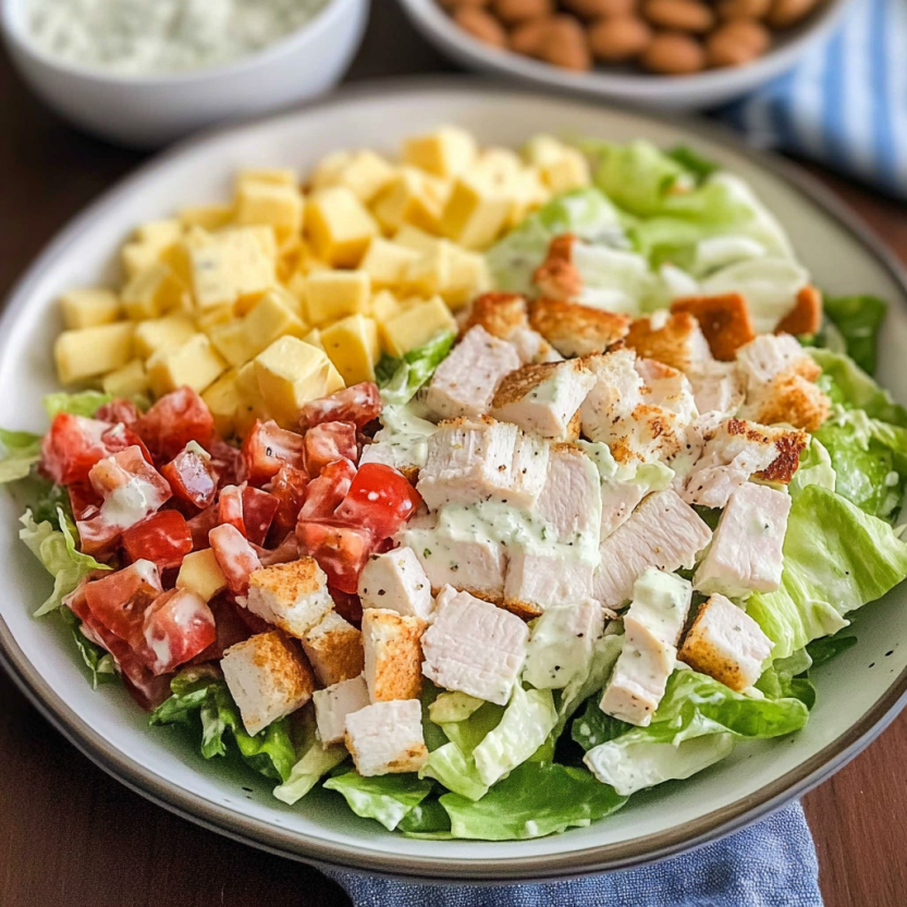 Une salade de poulet classique avec tomates, fromage, bacon et salade verte.