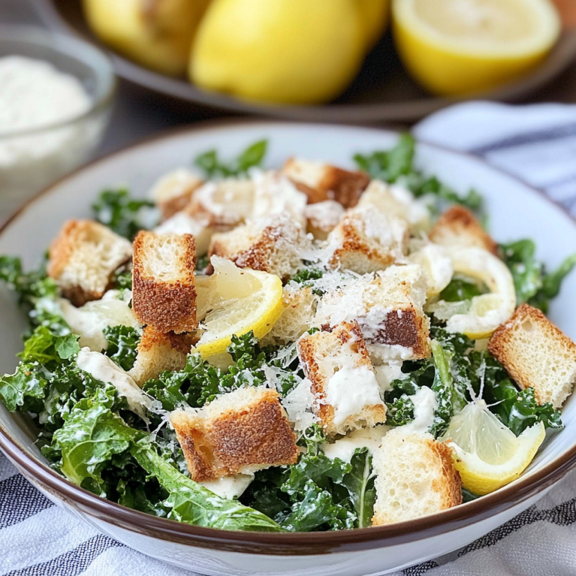 Une salade de romaine avec des tranches de citron et des croûtes de pâtes.