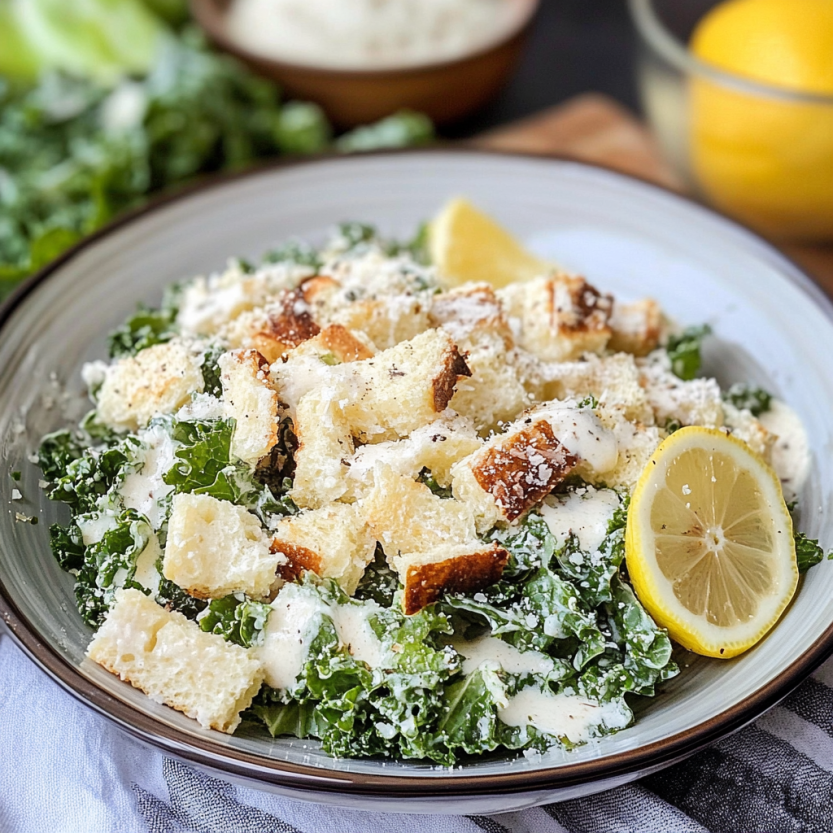Une salade de romaine avec des tranches de citron et des pâtes.