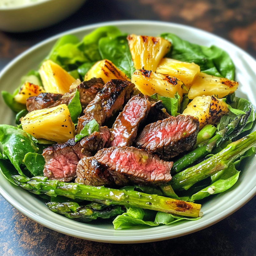 Une salade de steak grillé avec des asperges et des pineaux.