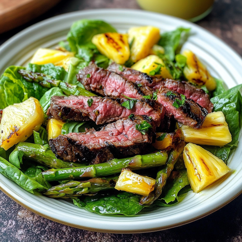 Une salade de steak grillé avec des asperges et des pineaux.