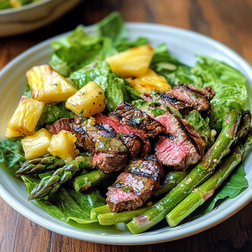 Une salade de steak grillé avec des asperges et des pineaux.