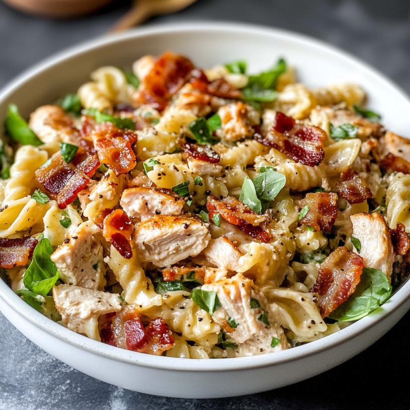 Une salade de pâtes avec des bacon et des légumes verts.