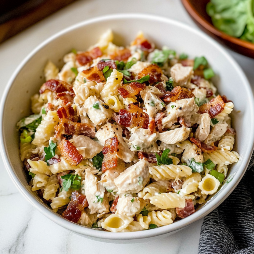 Une salade de pâtes avec des bacon et du poulet.