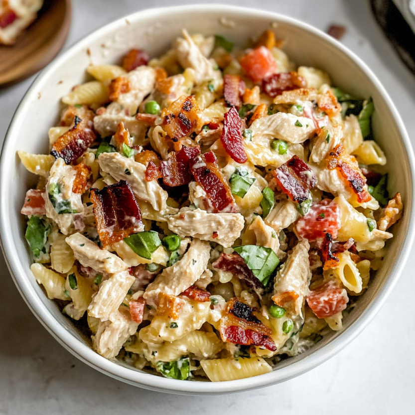 Une salade de pâtes avec des légumes et des morceaux de poulet et de bacon.