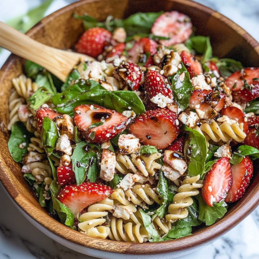 Une salade de pasta avec des fraises et des herbes, accompagnée de sauce balsamique.
