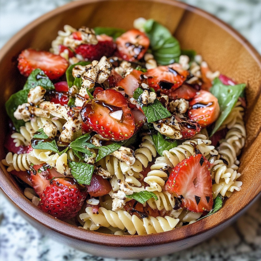 Une salade de pasta avec des fraises et des herbes, garnie de sauce balsamique.