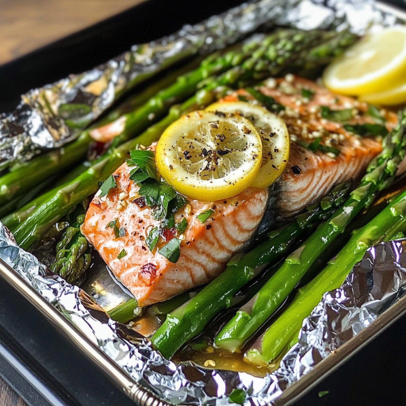 Salmon et asperges dans des paniers en aluminium.