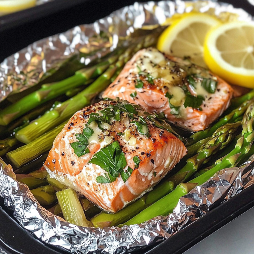 Salmon et asperges dans des paniers en aluminium.