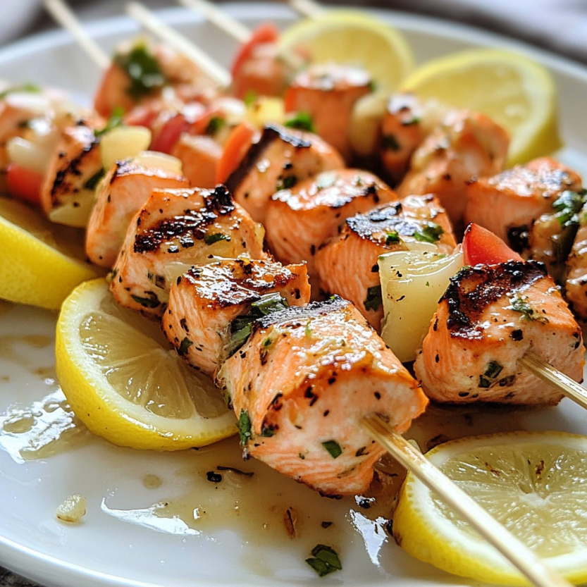 Une assiette de grilled lemon salmon skewers.