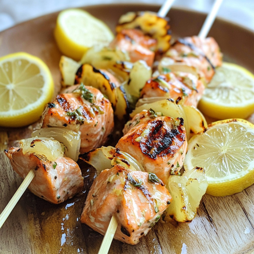 Des brochettes de saumon grillé avec des citrons.