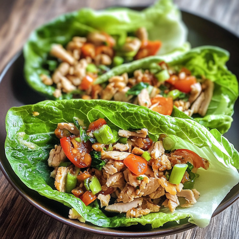 Plate of lettuce wraps with chicken and vegetables.