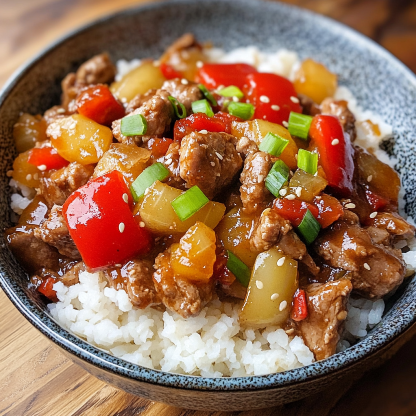 Une assiette de porc en sauce douce et acerée, servie sur du riz.