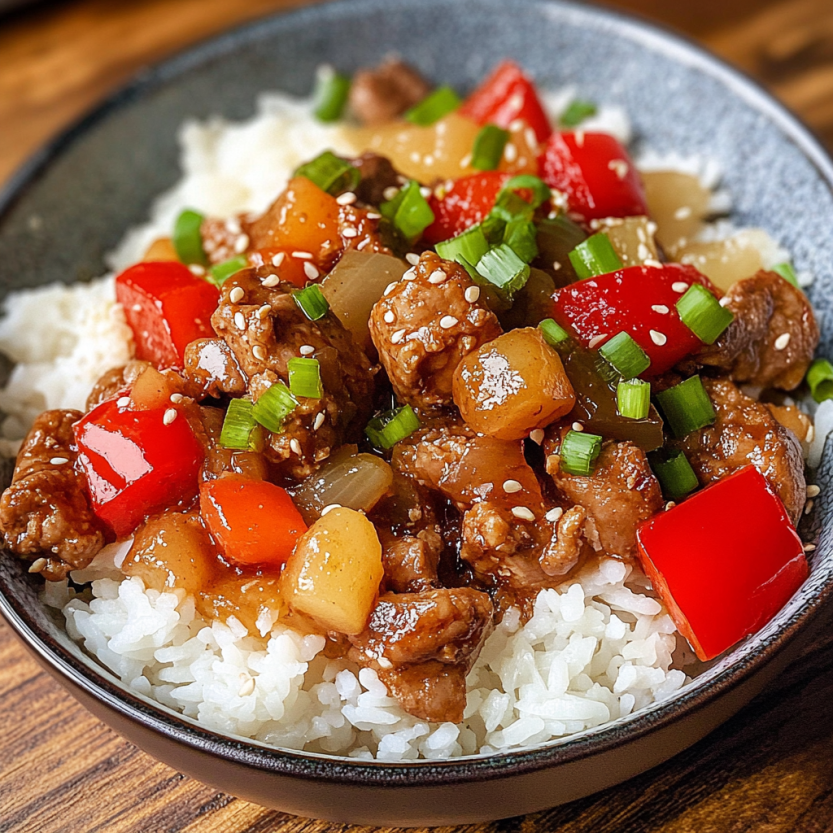 Un plat de riz et de viande chinoise est présenté sur une table.