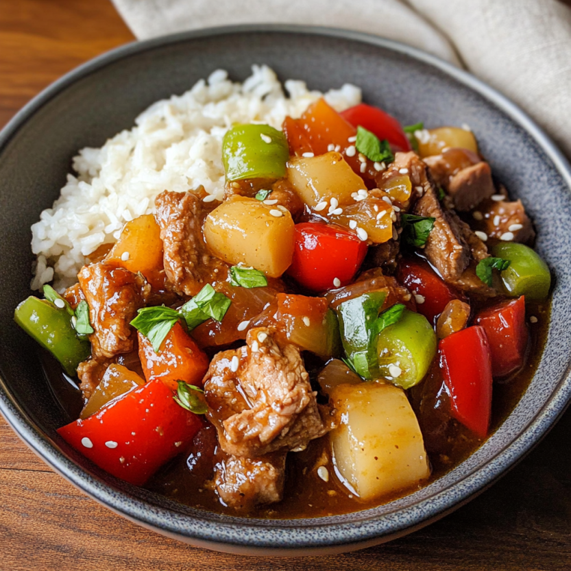 Un plat de porc rôti avec des légumes et des herbes.