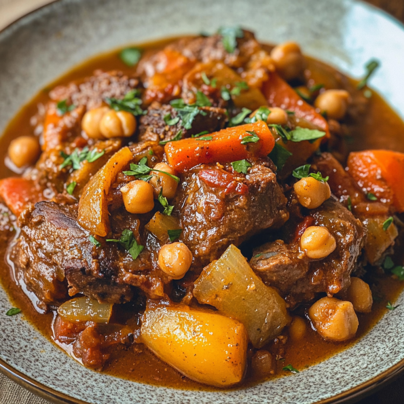 Une assiette de pot-roast morocain avec des légumes et des chickpeas.