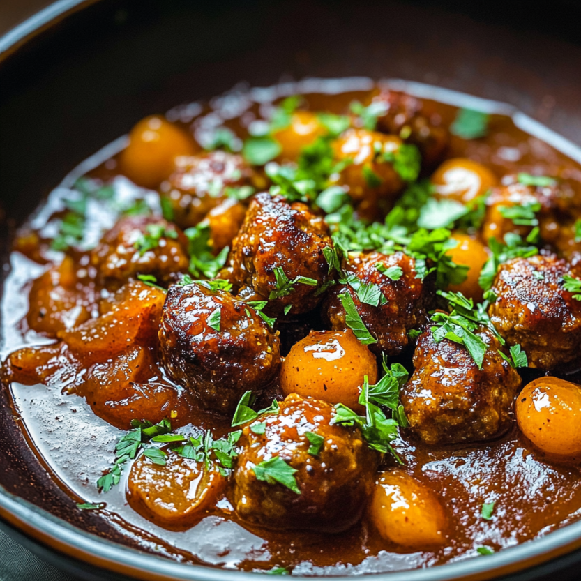 Une assiette de marmalade de viande avec des légumes verts.