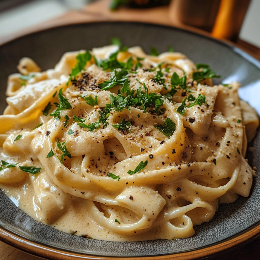 Une assiette de spaghetti avec des herbes et des noix de cajou.