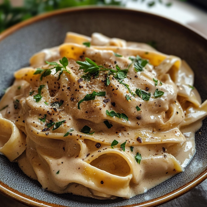 Une assiette de fettuccine alfredo avec des herbes vertes sur le dessus.