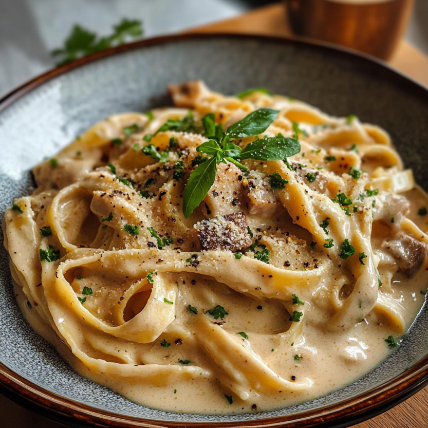 Une assiette de spaghetti avec des herbes vertes et des aliments verts.