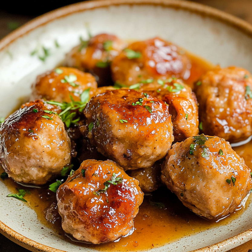 Une assiette de boulettes de porc fumées avec une sauce brune.