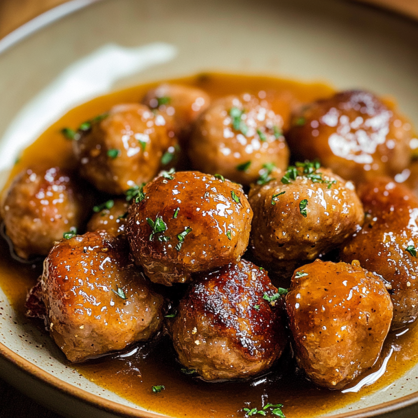Une assiette de boulettes de porc saupoudrées de sucre brun.