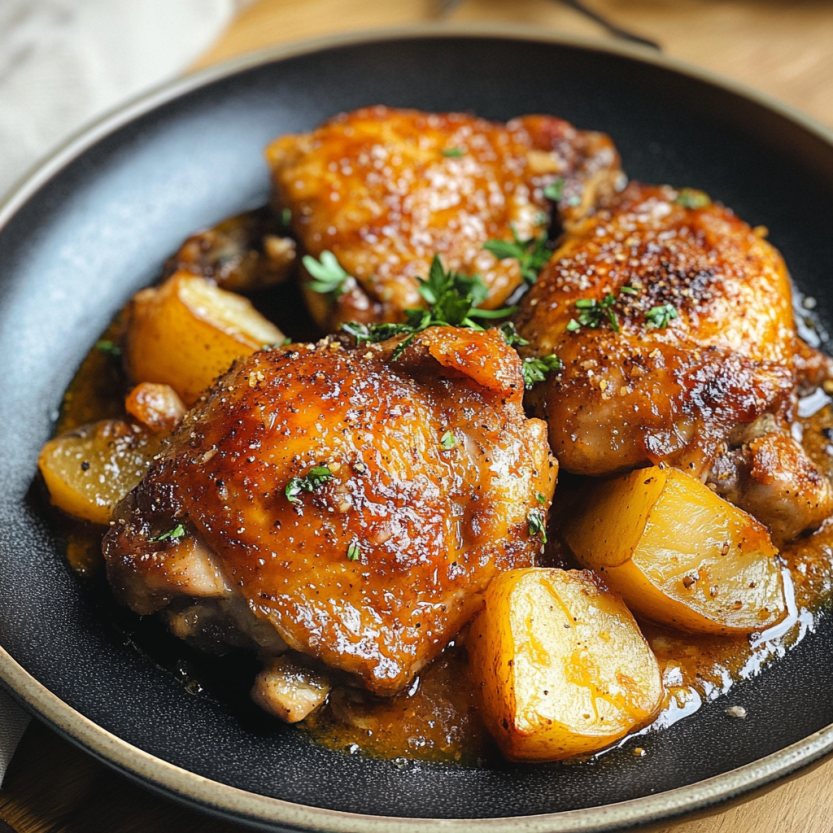 Une image de poulet grillé avec des légumes, tels que des pommes de terre et des carottes, dans un plat.