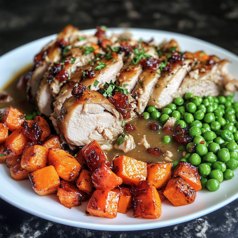 Un plat de poulet rôti avec des pommes de terre et des pois verts.