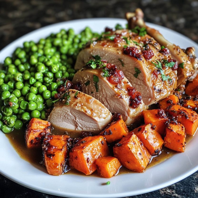 Un plat de poulet rôti avec des carottes rôties et des pois verts.