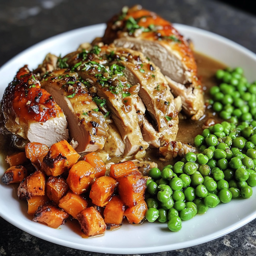 Un plat de poulet rôti avec des carottes rôties et des pois verts.