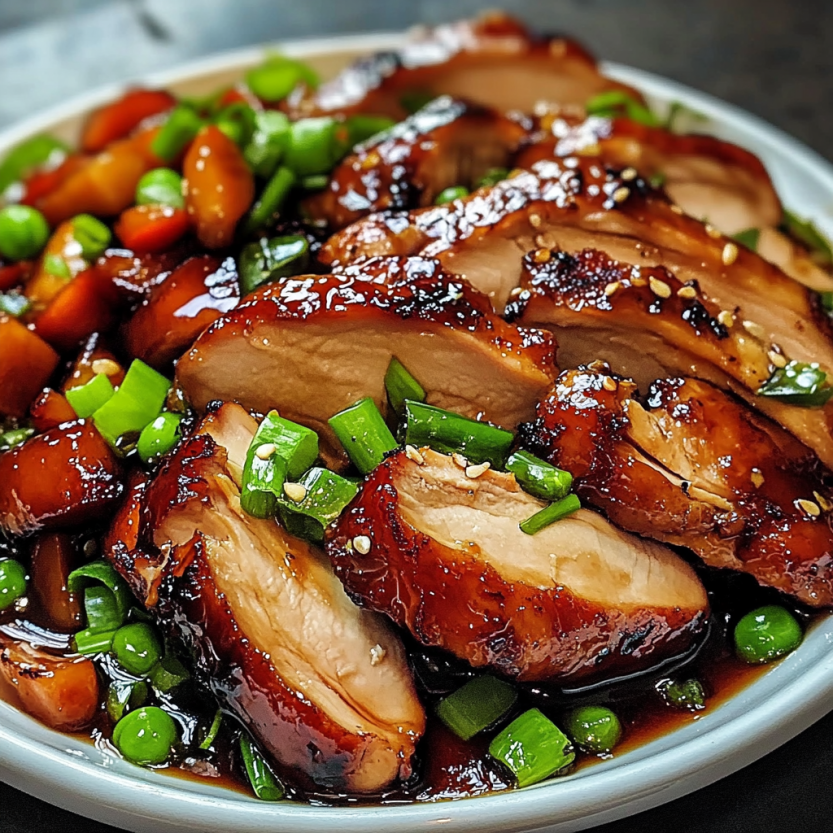 Une assiette de char siu chicken avec des légumes verts.