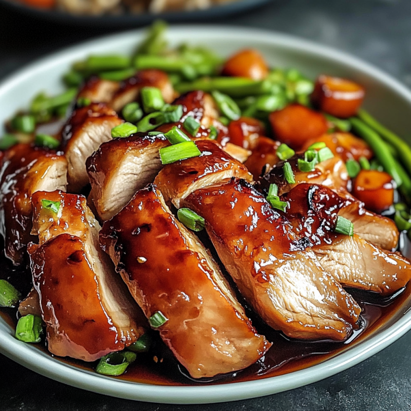 Un plat de Char Siu Chicken avec des légumes verts.