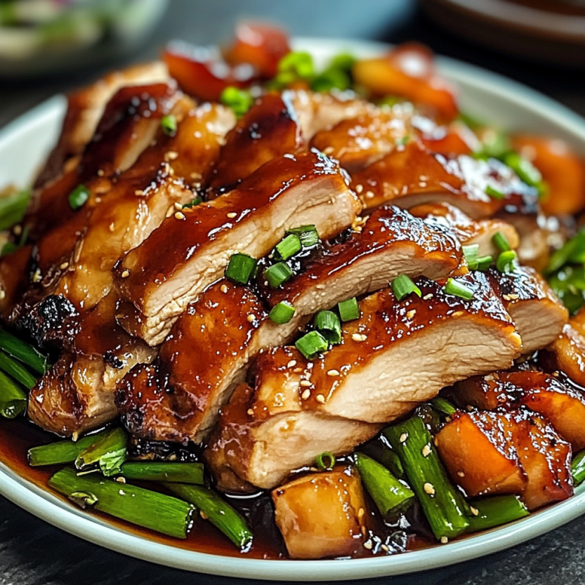 Une assiette de char siu chicken avec des légumes verts.