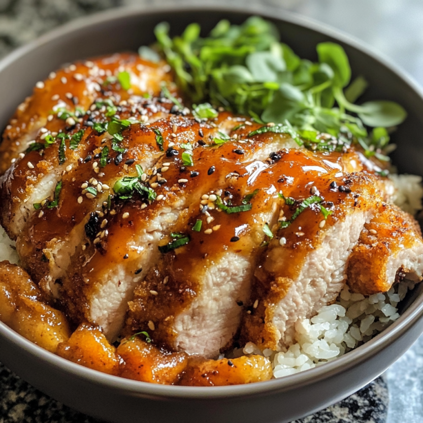 Un plat de tonkatsu sauce avec des légumes verts et des herbes.