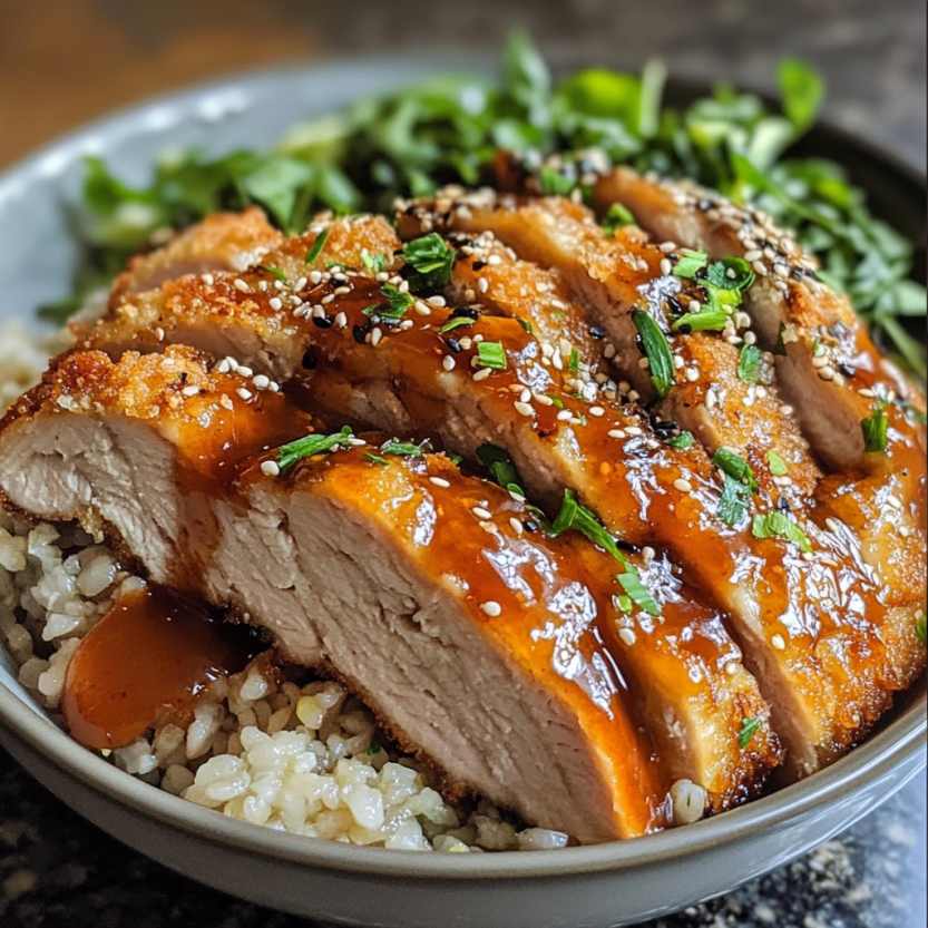 Un plat de tonkatsu avec du riz et des légumes.