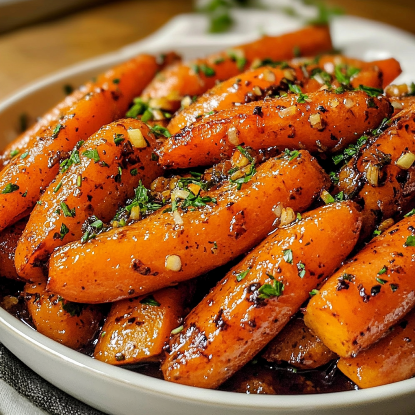 Une assiette de carottes grillées et saupoudrées de herbes.